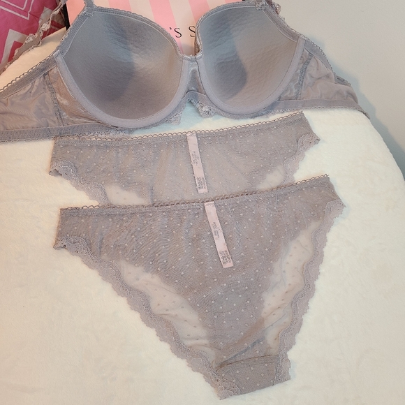 VS Dream Angels 3pc Bra & Panties Set Size 34E/med ☆ Gray Dotted Lace - Picture 4 of 7